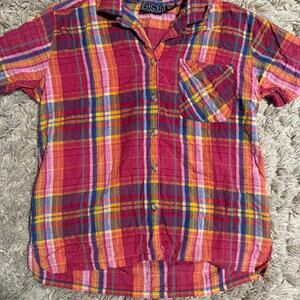 Women’s plaid button down 100 percent cotton shirt size small pink orange